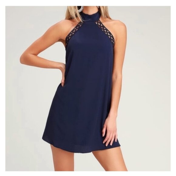 Lulu's Navy Blue Halter Dress Medium With Crochet Lace Trim & Back Tie Closure - Picture 1 of 9